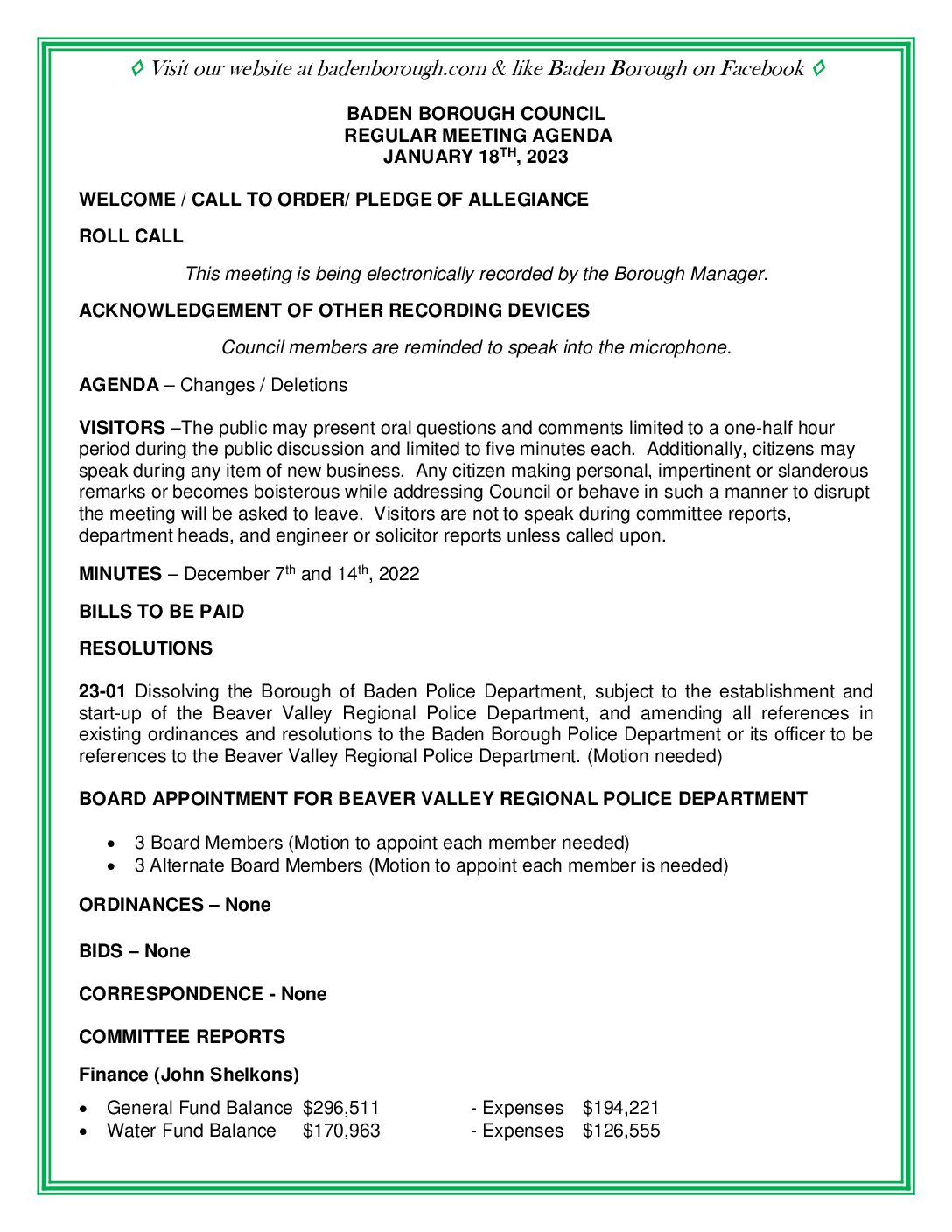 Thumbnail of the first page of 'Council Agenda – January 18th, 2023'