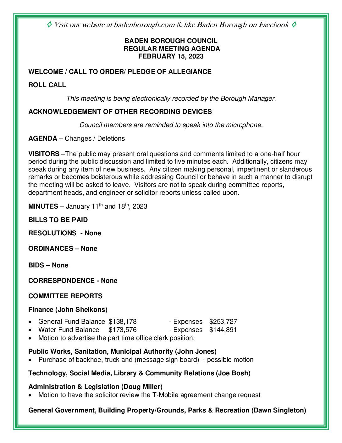 Thumbnail of the first page of 'Council Agenda – February 15th, 2023'