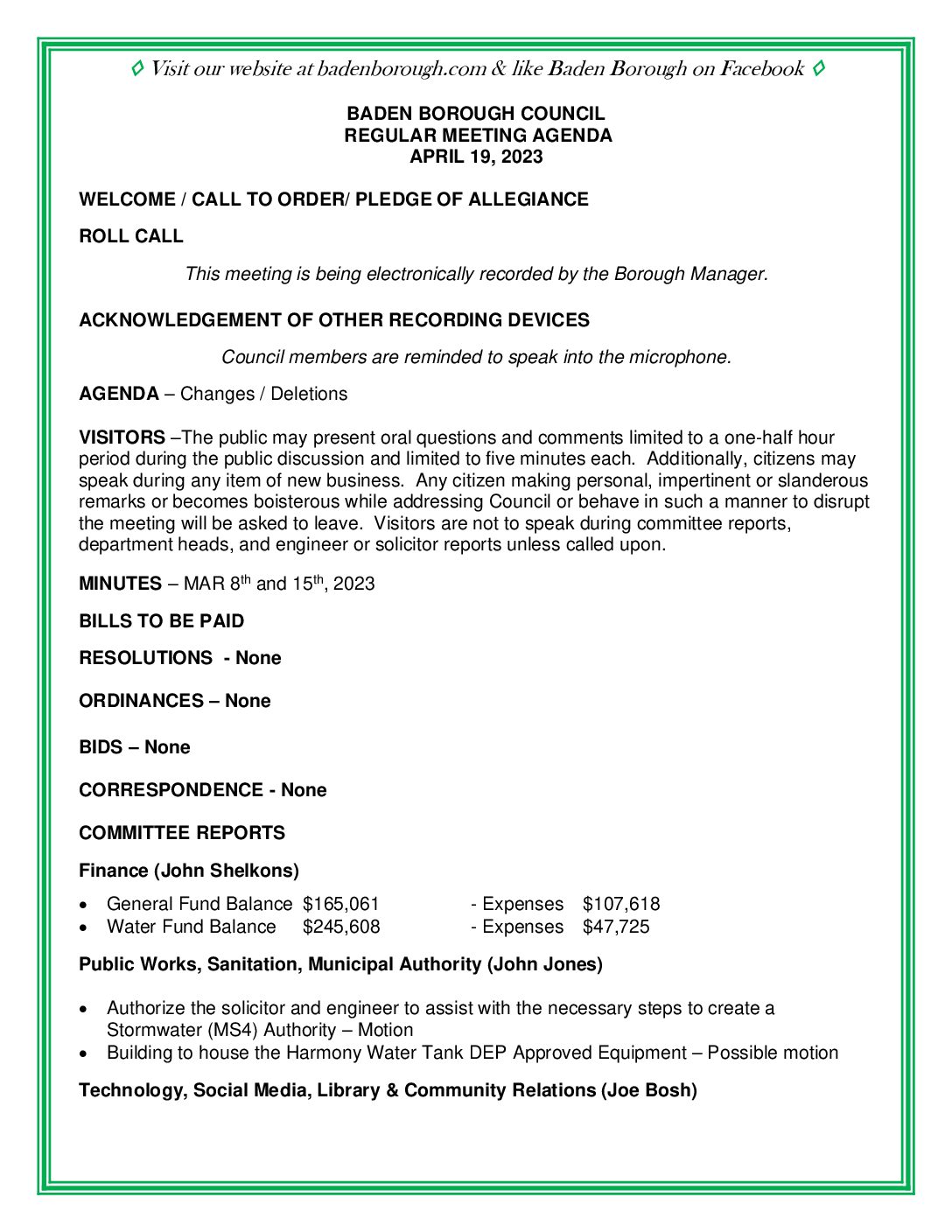 Thumbnail of the first page of 'Council Agenda – April 19th, 2023'