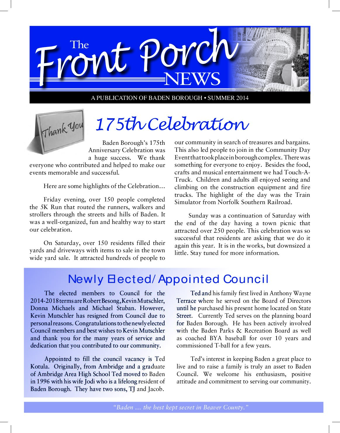 Thumbnail of the first page of 'Front Porch News – Summer 2014'
