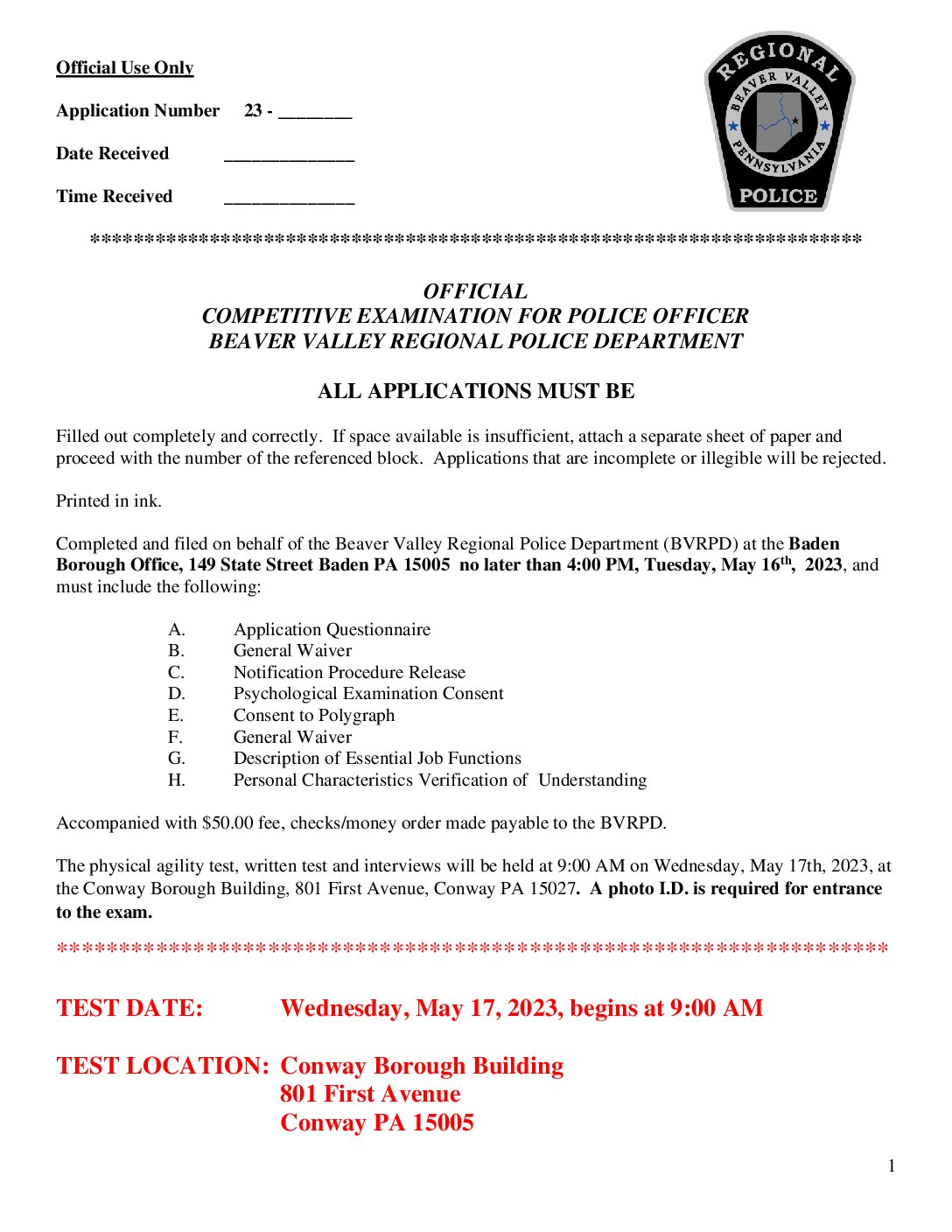 Thumbnail of the first page of 'Form – 2023 BVRPD Full Time Officer Application'