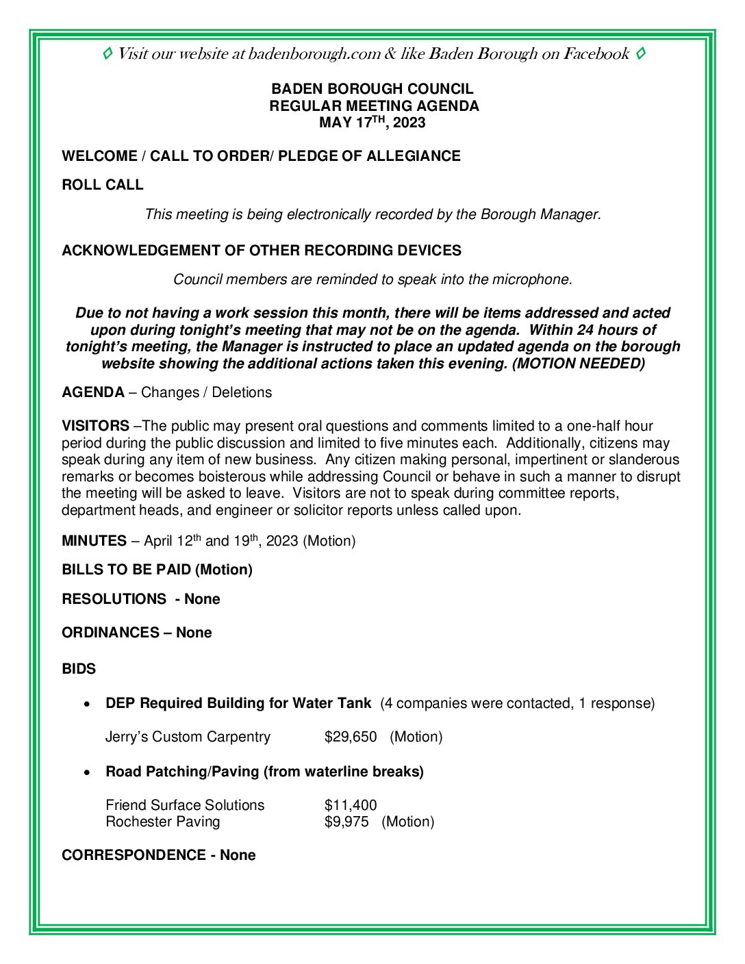 Thumbnail of the first page of 'Council Agenda – May 17th, 2023'