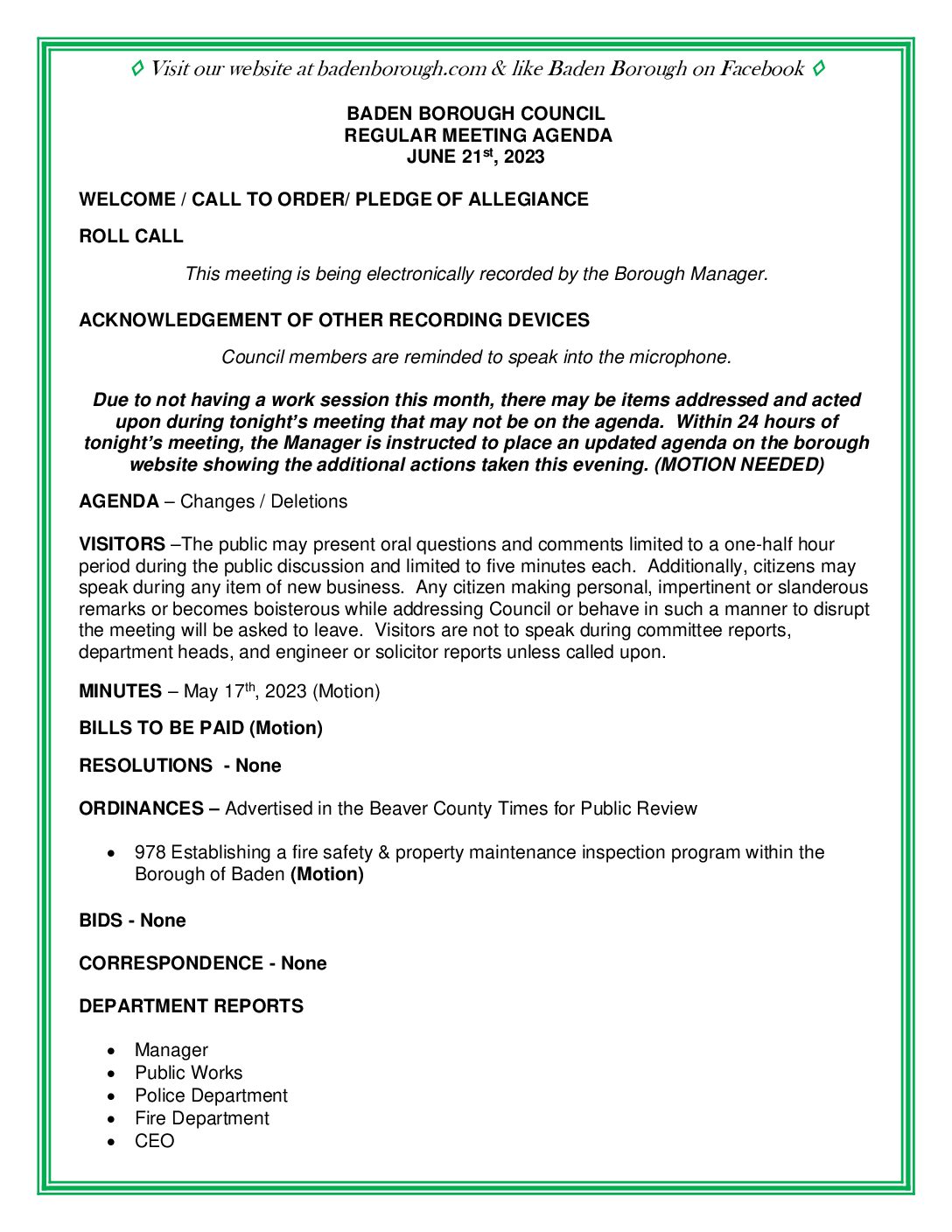 Thumbnail of the first page of 'Council Agenda – June 21st, 2023'