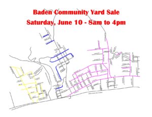 A map of Baden with the yard sale locations highlighted in different colors.