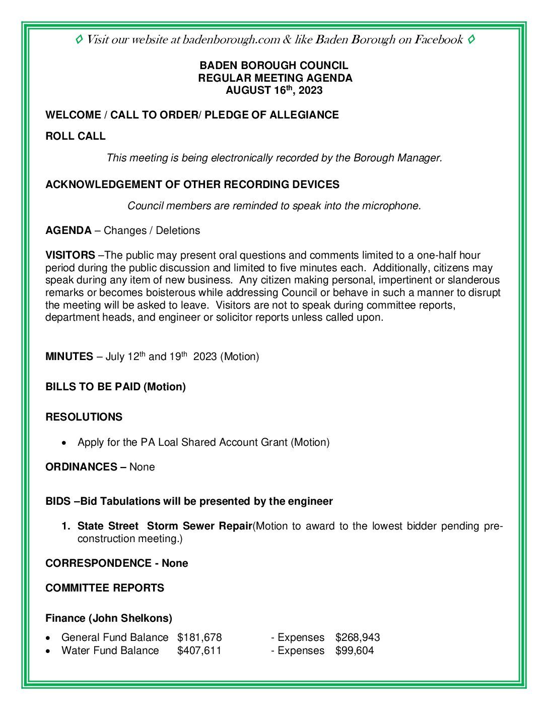 Thumbnail of the first page of 'Council Agenda – August 15th, 2023'