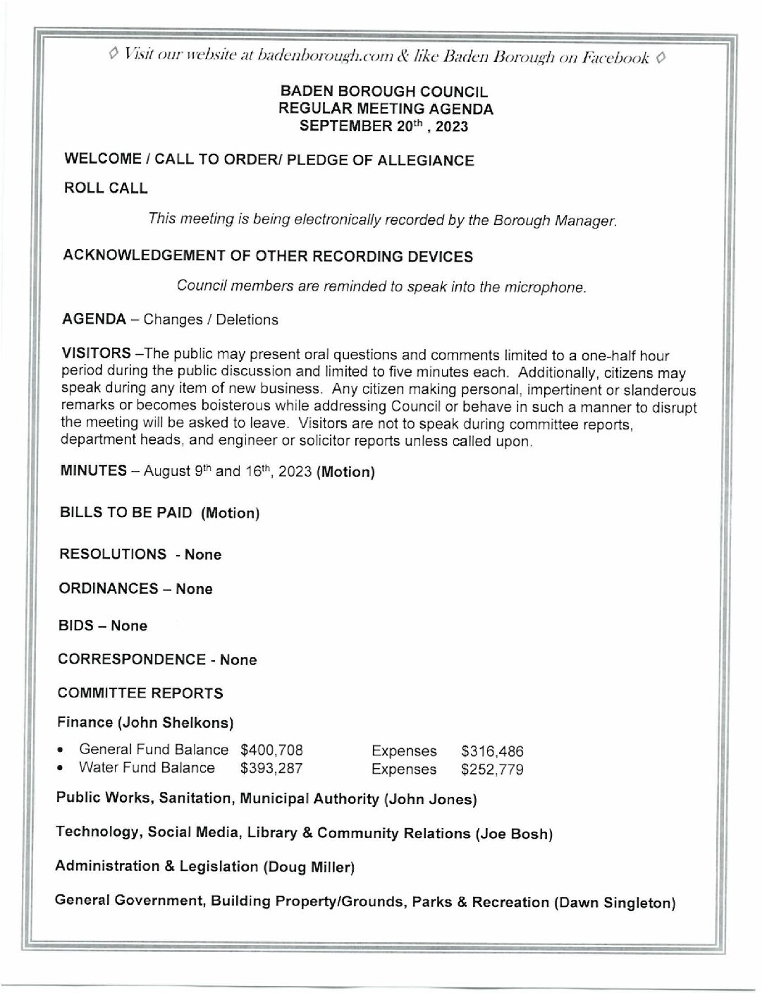 Thumbnail of the first page of 'Council Agenda – September 20th, 2023'