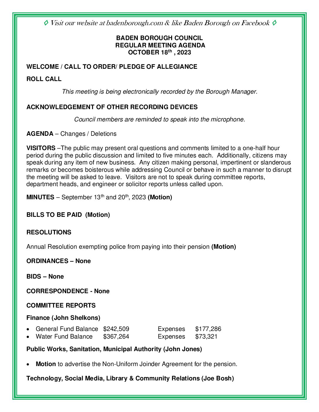 Thumbnail of the first page of 'Council Agenda – October 18th, 2023'