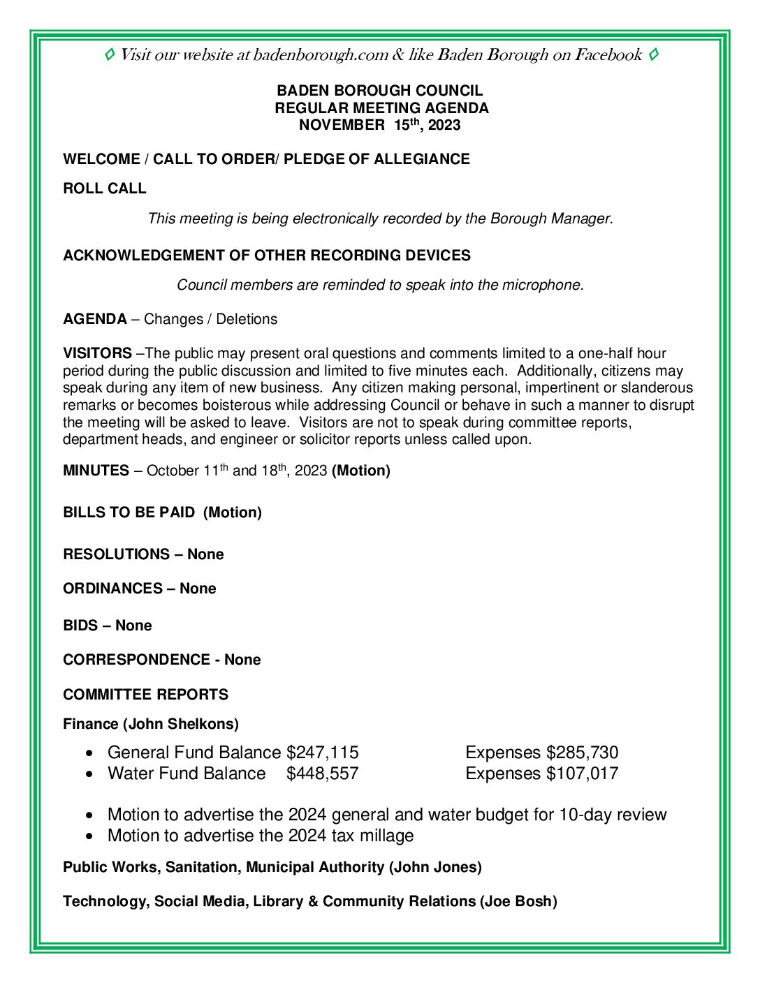 Thumbnail of the first page of 'Council Agenda – November 15th, 2023'