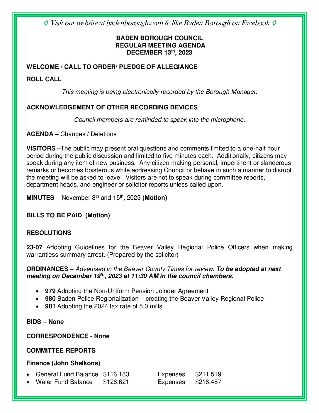 Thumbnail of the first page of 'Council Agenda – December 13th, 2023'