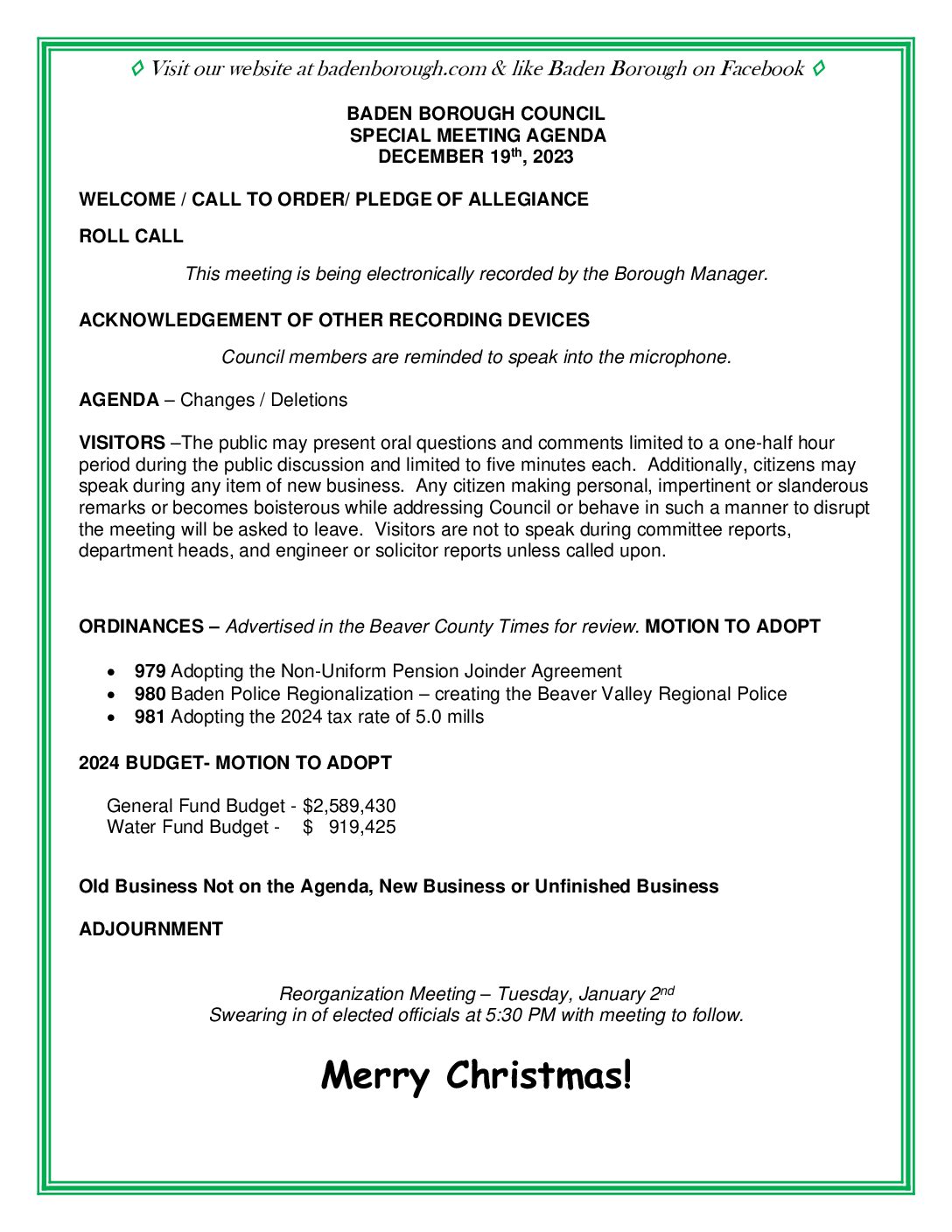 Thumbnail of the first page of 'Council Agenda – December 19th, 2023'