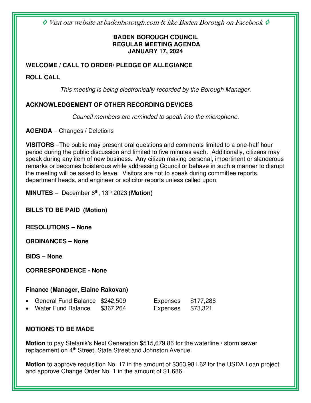 Thumbnail of the first page of 'Council Agenda – January 17th, 2024'