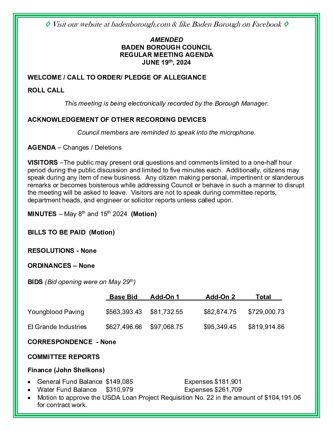 Thumbnail of the first page of 'Council Agenda – June 19th, 2024'