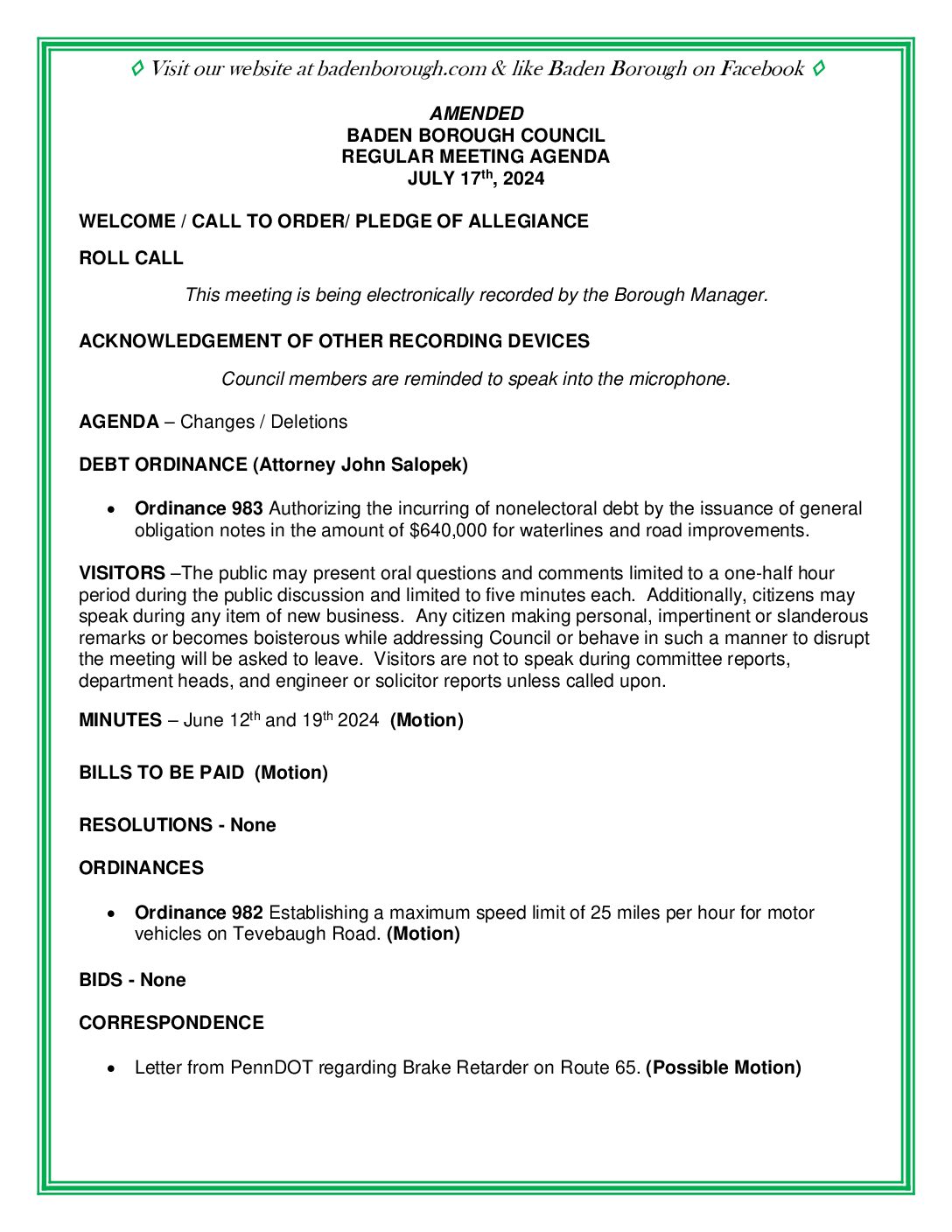 Thumbnail of the first page of 'Council Agenda – July 17th, 2024'