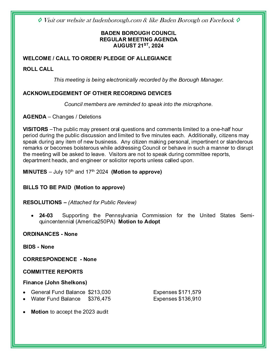 Thumbnail of the first page of 'Council Agenda – August 21st, 2024'