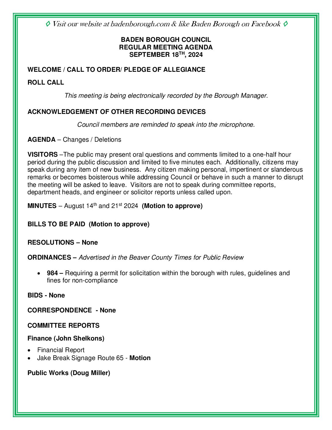 Thumbnail of the first page of 'Council Agenda – September 18th, 2024'