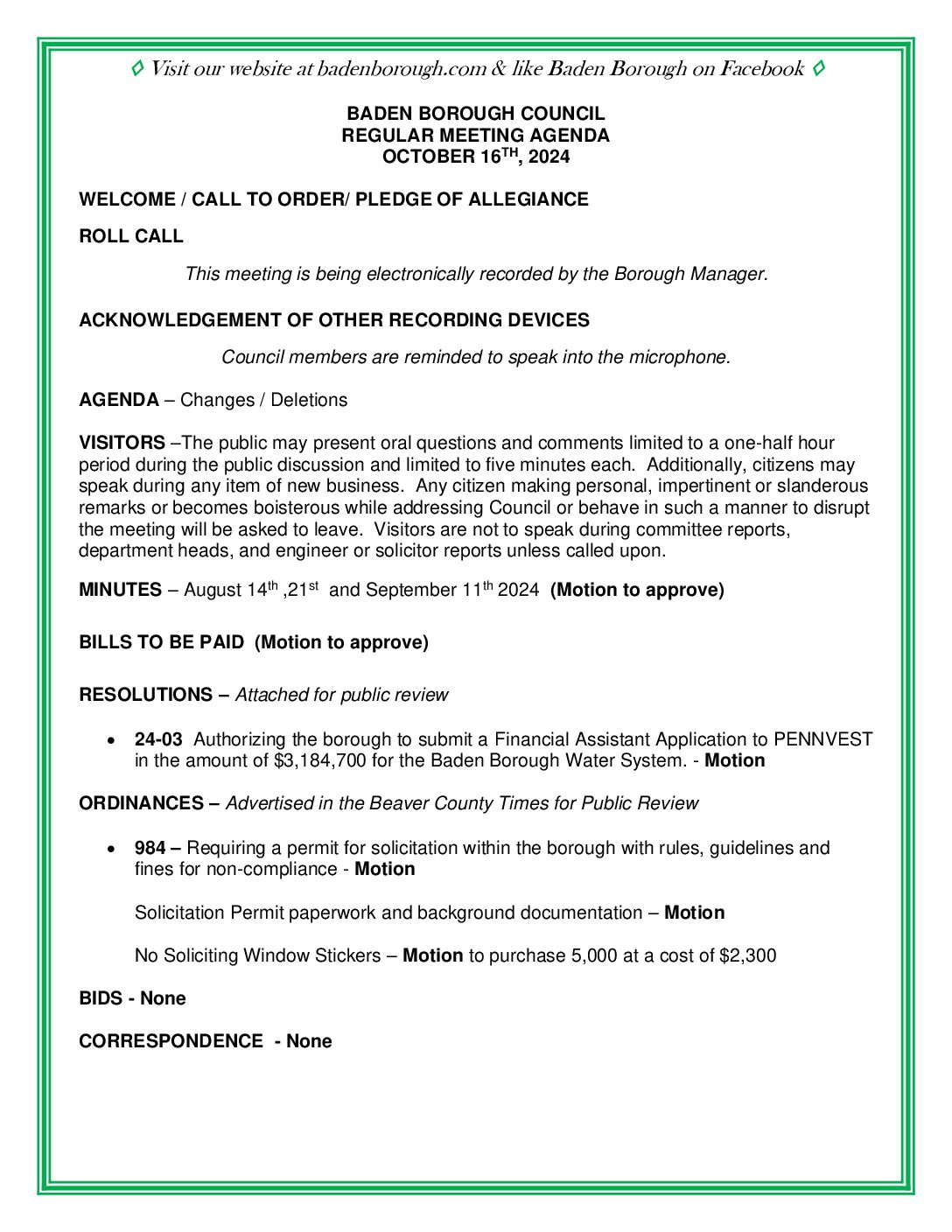 Thumbnail of the first page of 'Council Agenda – October 16th, 2024'