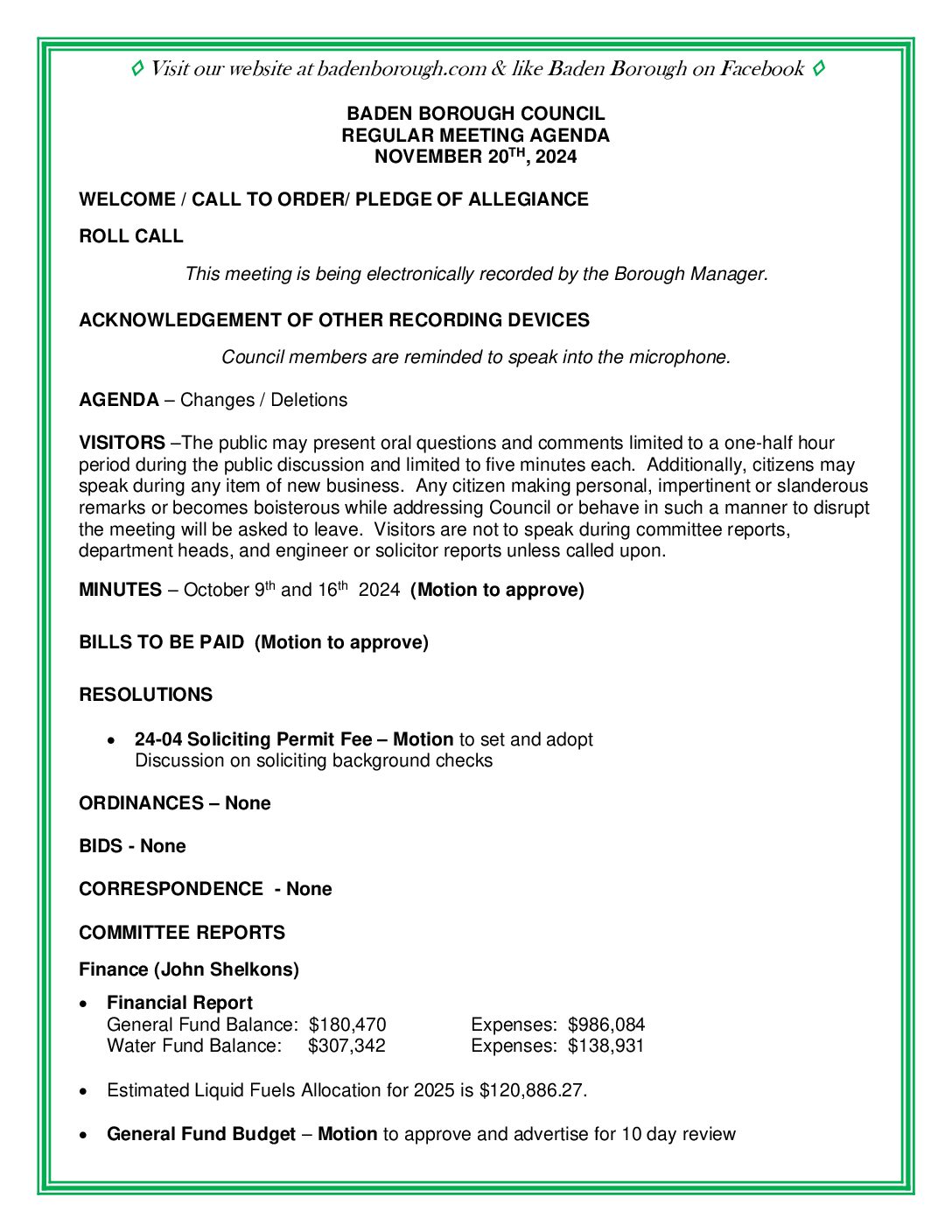 Thumbnail of the first page of 'Council Agenda – November 20th, 2024'