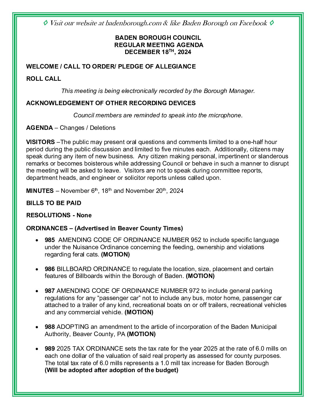 Thumbnail of the first page of 'Council Agenda – December 18th, 2024'