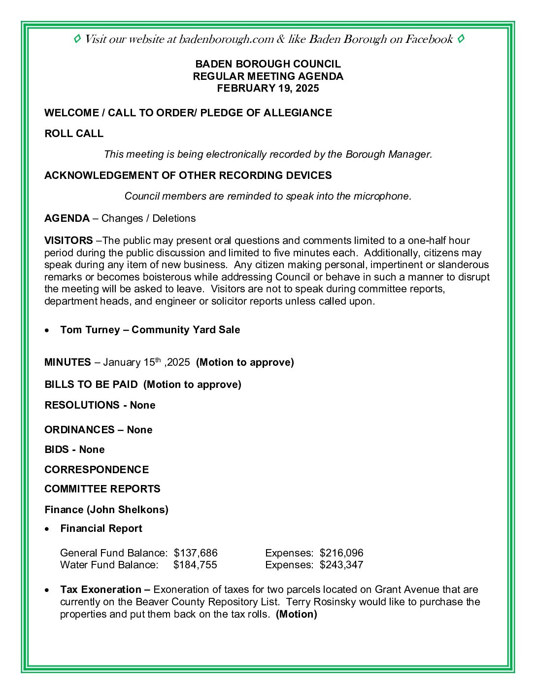 Thumbnail of the first page of 'Council Agenda – February 19th, 2025'