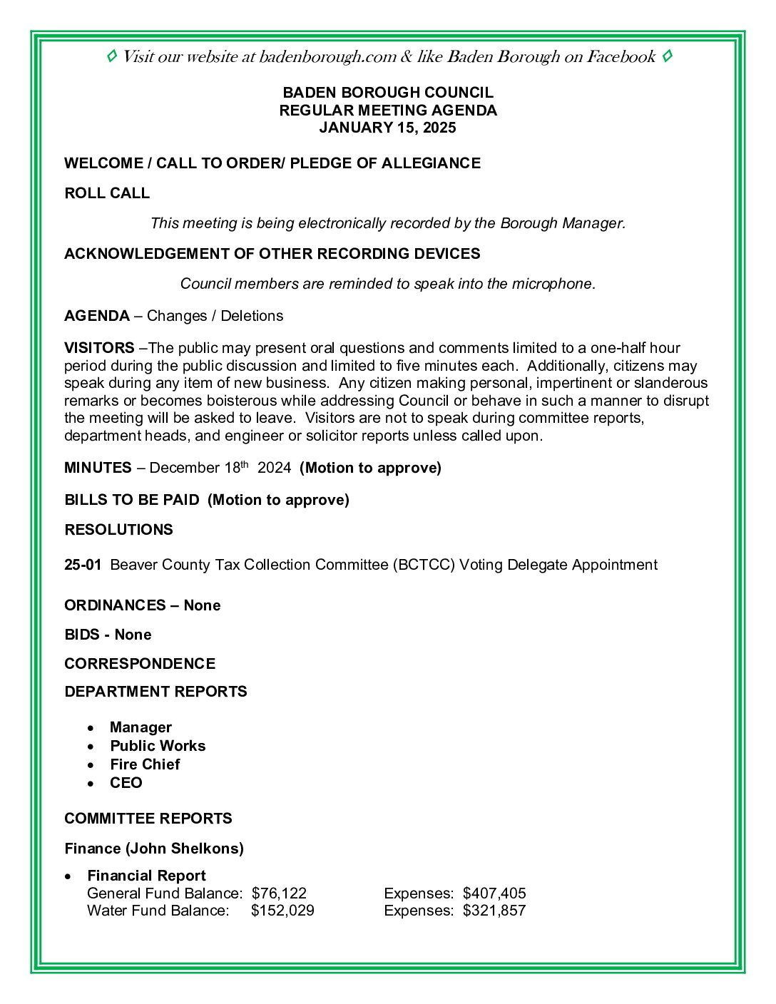 Thumbnail of the first page of 'Council Agenda – January 15th, 2025'