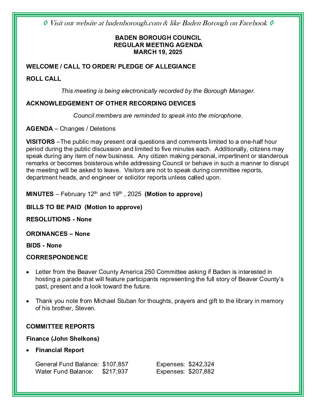 Thumbnail of the first page of 'Council Agenda – March 19th, 2025'