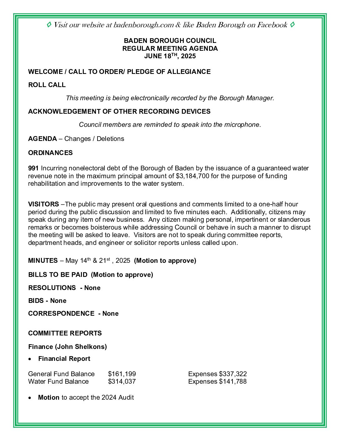 Thumbnail of the first page of 'Council Agenda – June 18th, 2025'