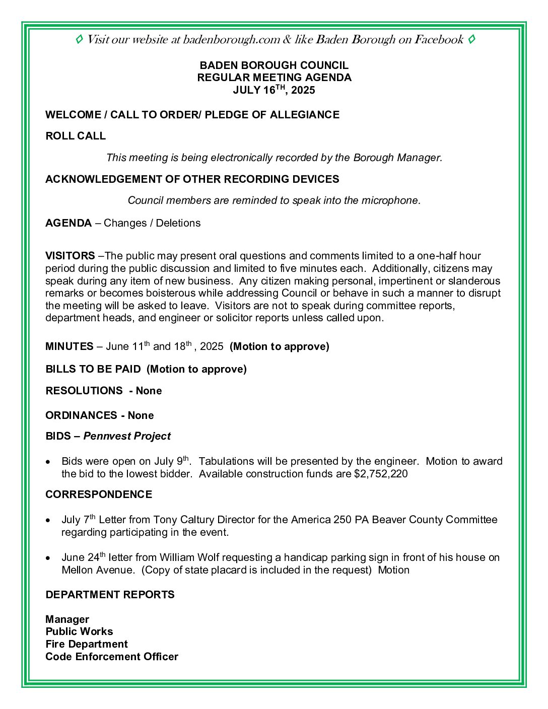 Thumbnail of the first page of 'Council Agenda – July 16th, 2025'