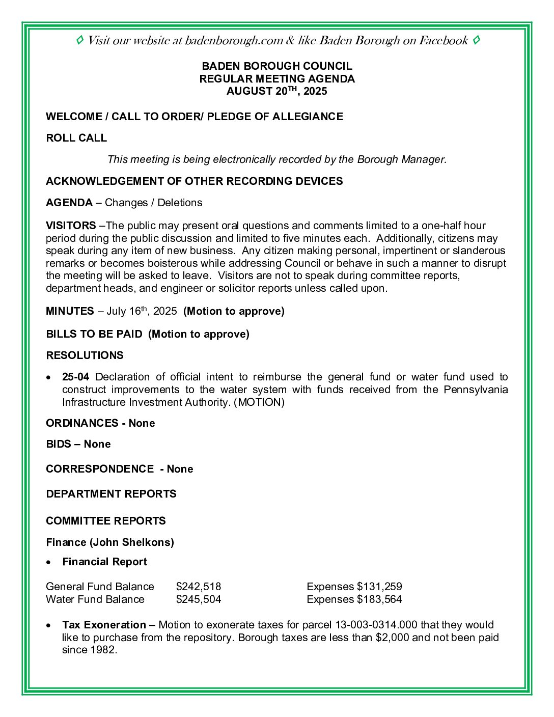 Thumbnail of the first page of 'Council Agenda – August 20th, 2025'