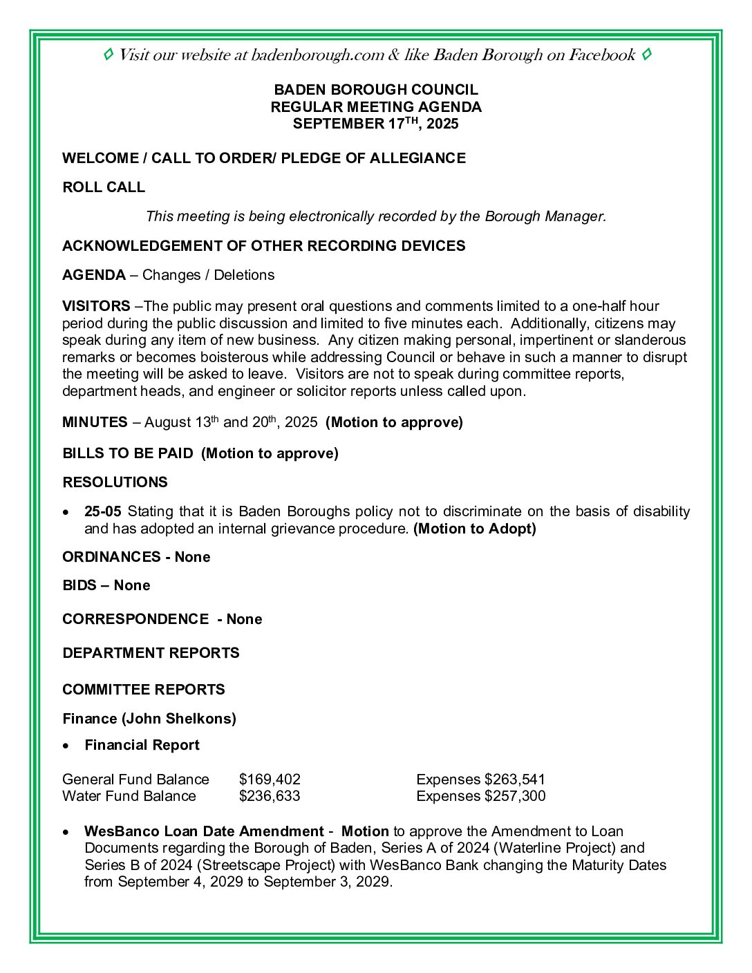 Thumbnail of the first page of 'Council Agenda – September 17th, 2025'