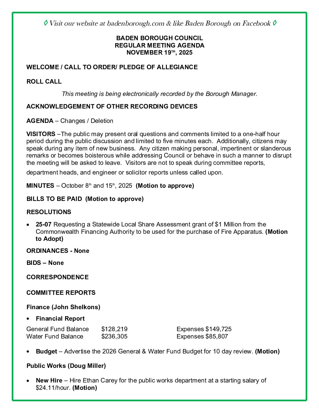 Thumbnail of the first page of 'Council Agenda – November 19th, 2025'