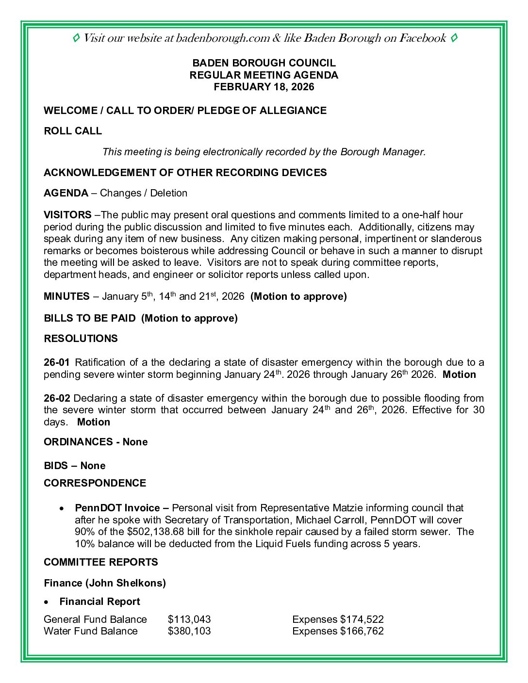 Thumbnail of the first page of 'Council Agenda – February 18th, 2026'