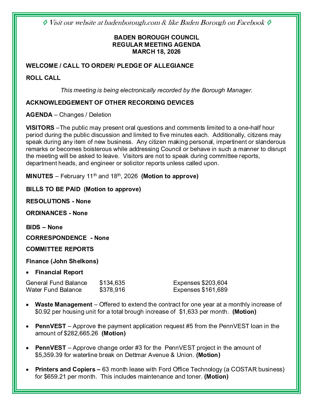 Thumbnail of the first page of 'Council Agenda – March 18th, 2026'