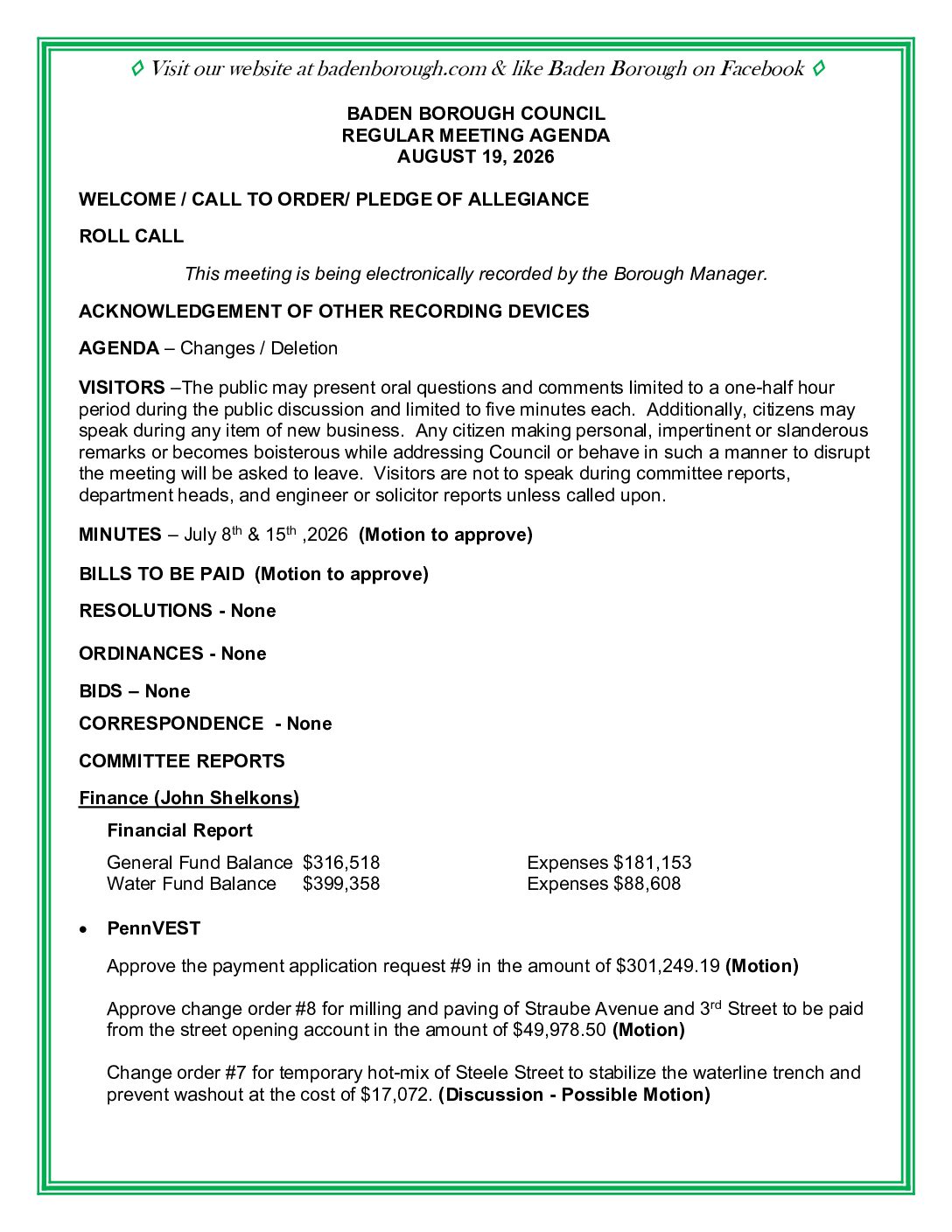 Thumbnail of the first page of 'Council Agenda – August 19th, 2026'