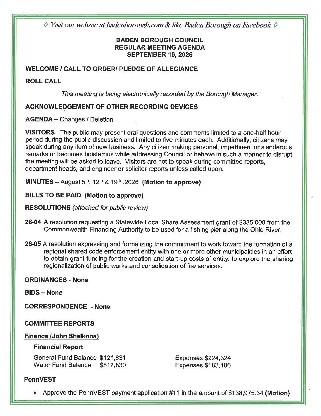 Thumbnail of the first page of 'Council Agenda – September 16th, 2026'