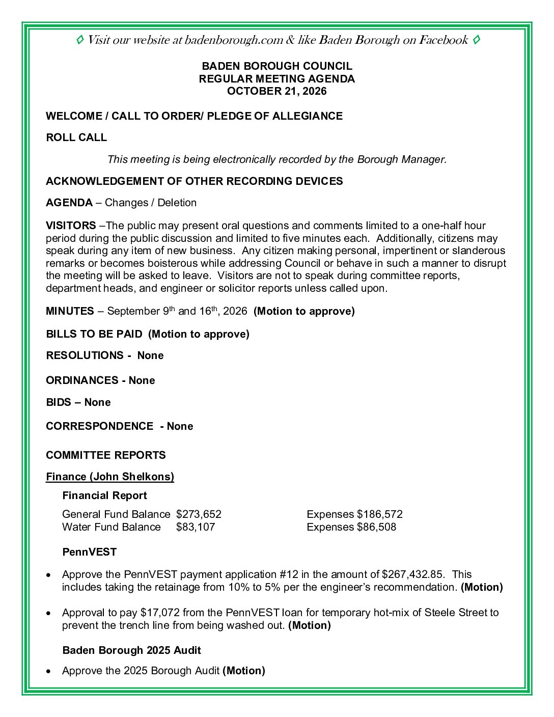 Thumbnail of the first page of 'Council Agenda – October 21st, 2026'